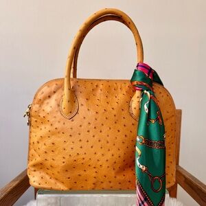 Vintage Italian Ostrich Leather Warm Tan Satchel Y2K Structured Hand Bag
